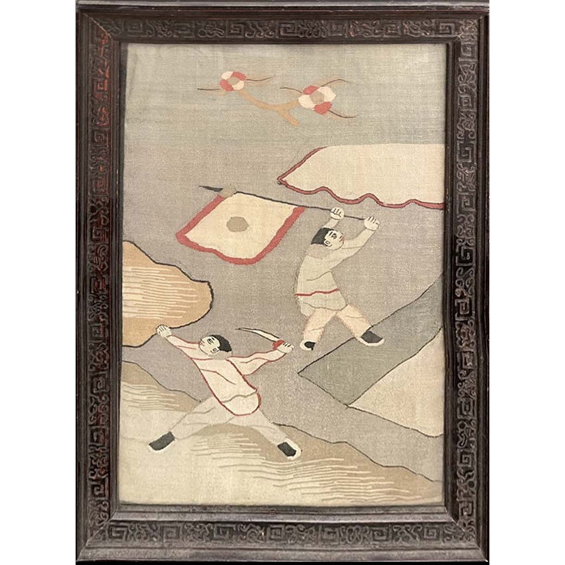 Antique Scenic Chinese Textile Framed Multi Panel Triptych