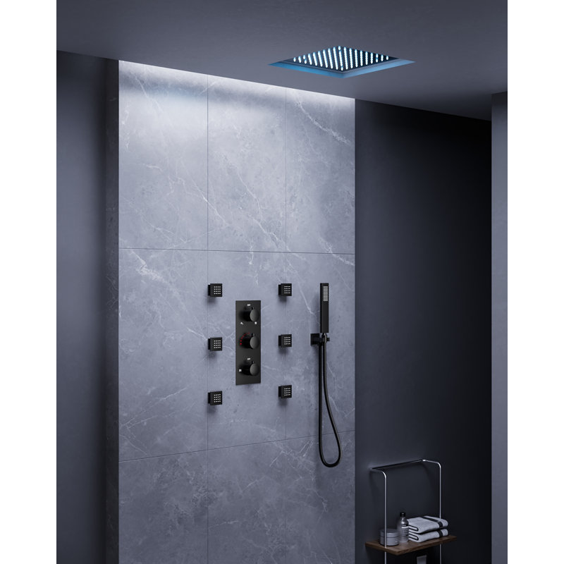 Système de douche thermostatique à pluie, pomme de douche à DEL 12 po avec douchette au plafond, Noir mat
