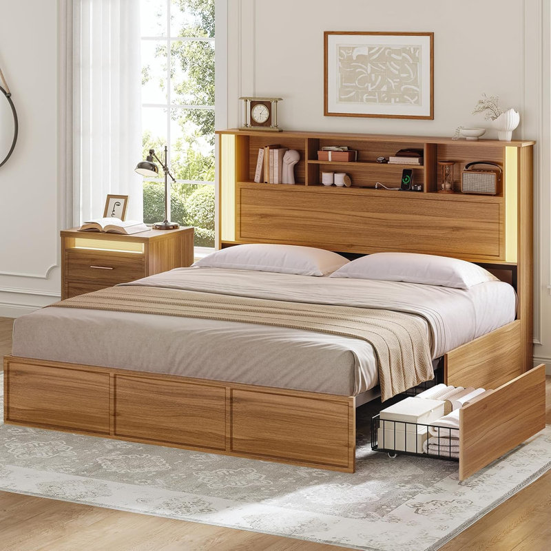 Lit avec rangement - Lightbox, Grand, Bois naturel