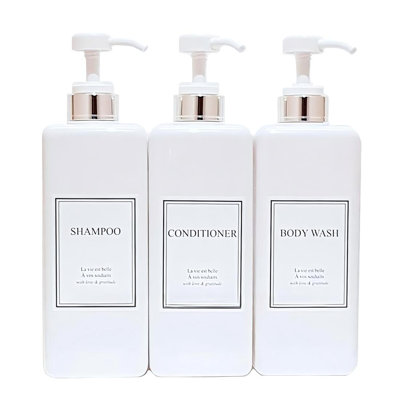 Modern Design Shampoo And Conditioner Dispenser, Large 27Oz Shower Soap Dispenser, Set Of 3 Refillable Empty Plastic Pump Bottles For Bathroom (6 Waterproof Labels Included), White & Silver