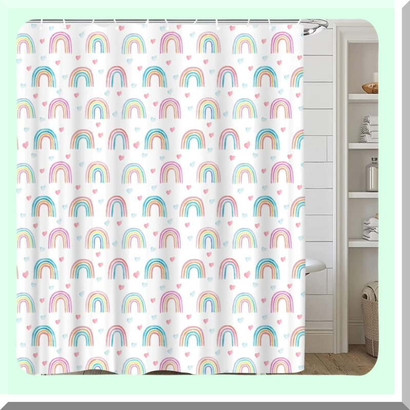 Boho Bliss Rainbow Shower Curtain - Cute Cartoon Pattern for Modern Bathroom Decor, with Hooks