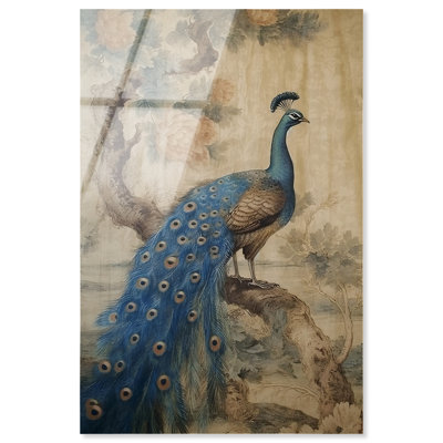 Art mural rétro en verre acrylique sans cadre lustré paon scintillant, prêt à accrocher, 20 x 30