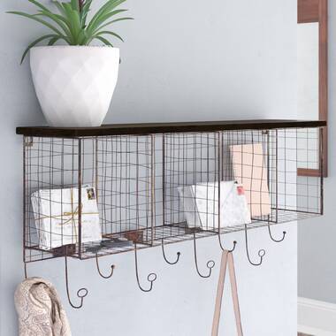 Wood And Metal Wire Cubby Wall Shelf With Hooks