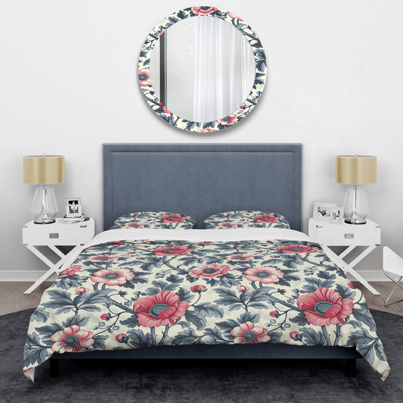Pink Green Flower Gardens Serenity I - Modern Duvet Cover Set, King Duvet Cover + 2 King Shams