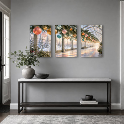 Ensemble de 3 décorations pastel suspendues dans un verre enneigé de Noël sur toile de Noël