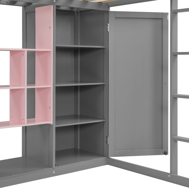 Lit mezzanine moderne avec armoire de rangement intégrée, bibliothèque et tringle, Full, Gray