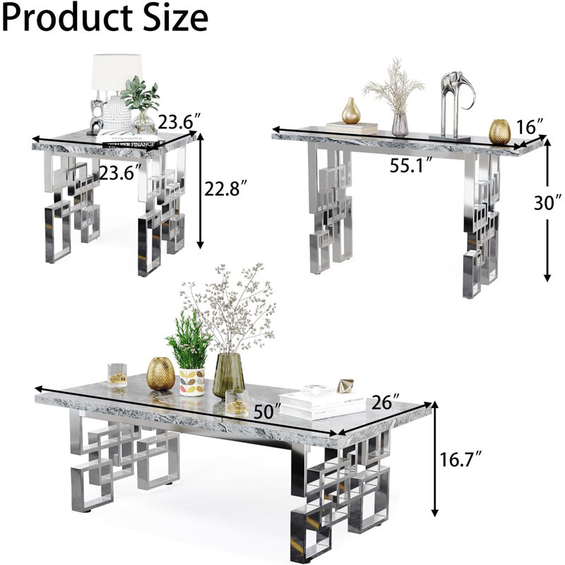 3 Piece Grey And Silver Living Room Table Set