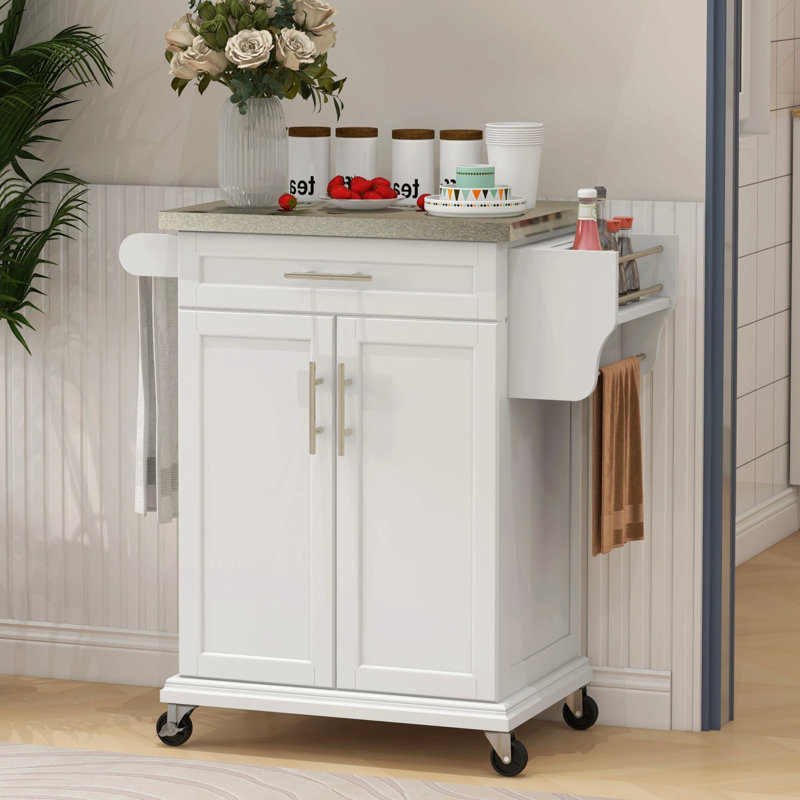 Îlot de cuisine sur roulettes, chariot de cuisine roulant avec comptoir en acier inoxydable, tiroir, porte-serviettes et porte-épices, chariot de rangement utilitaire, blanc crème