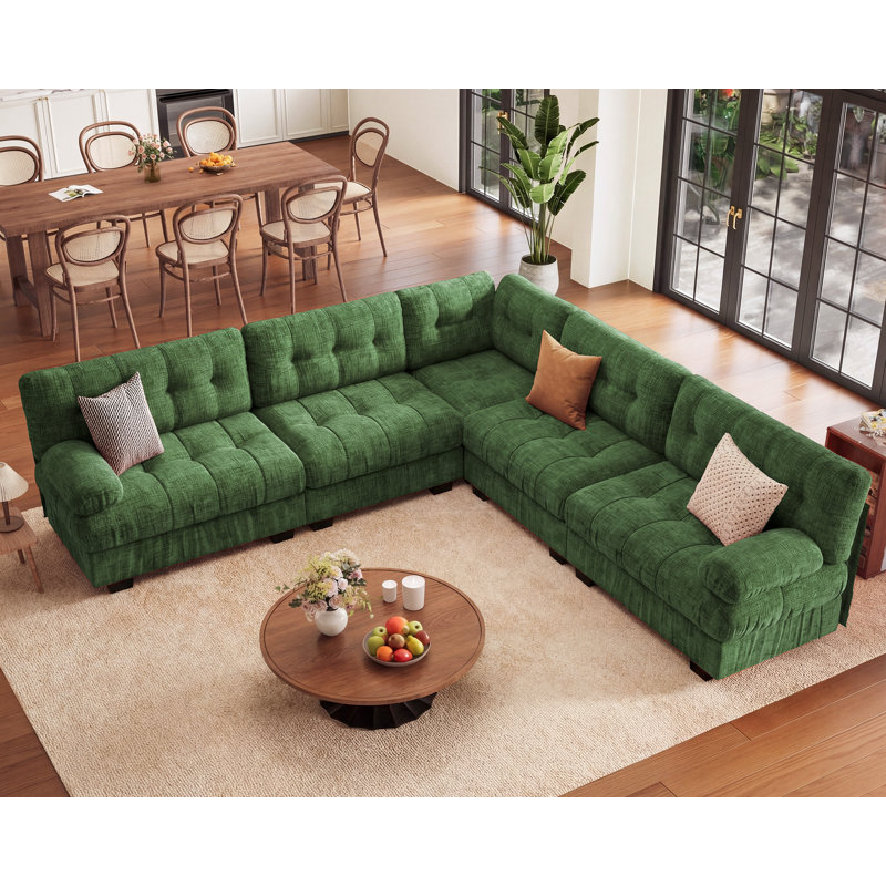 Canapé modulaire modulaire en forme de L à 5 places, canapé en chenille confortable vert, Green Chenille