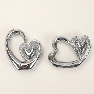 2-Piece Silver Ceramic Heart Sculpture Set, Modern Interlocking Heart Tabletop Decor for Living Room, Console, Housewarming Gift