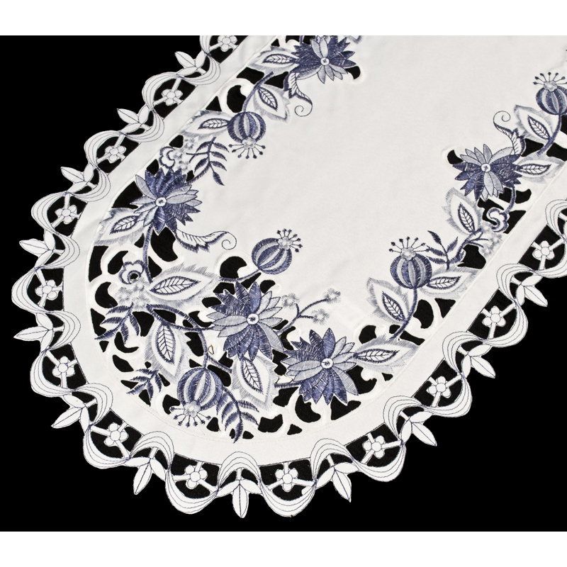 Ivory and Blue Embroidered Polyester Table Runner, 27" x 14"