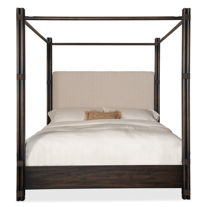 Retreat Pole Rattan King Upholstered Poster Bed withCanopy, King, Dark Wood/Black Sand/Neo Cream