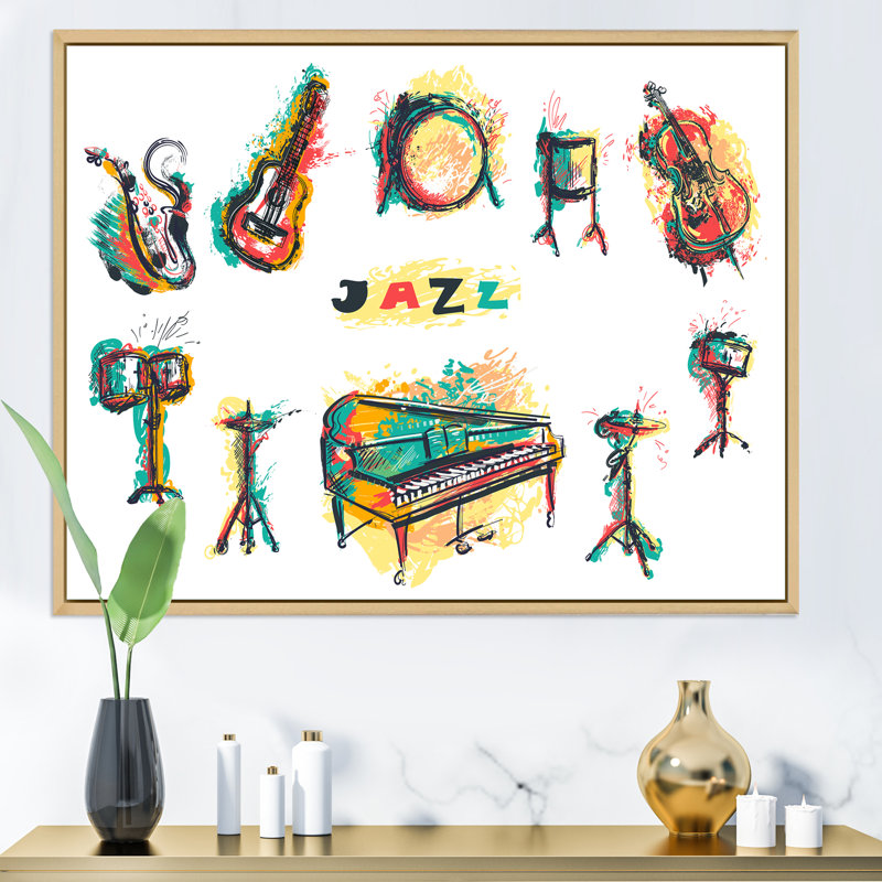 Affiche Jazz Music Party avec instruments de musique - reproduction sur toile, H 30 po x l 40 po x P 1,5 po