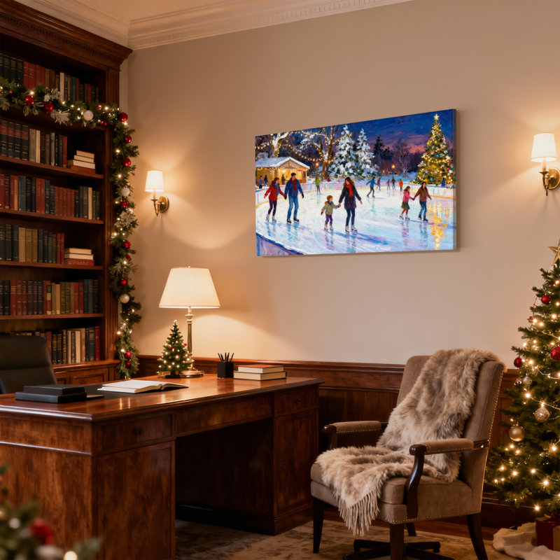 Scène de patinage sur glace de Noël avec arbre de Noël, ensemble de 3 impressions sur toile, H 16 po x l 24 po