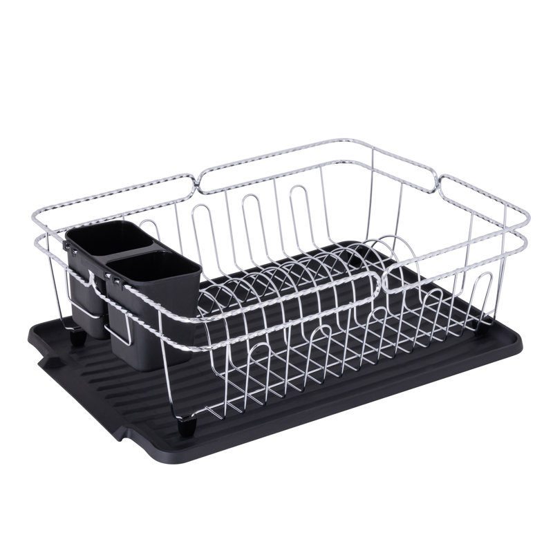 Black and Chrome Metal Countertop Dish Rack with Utensil Cup