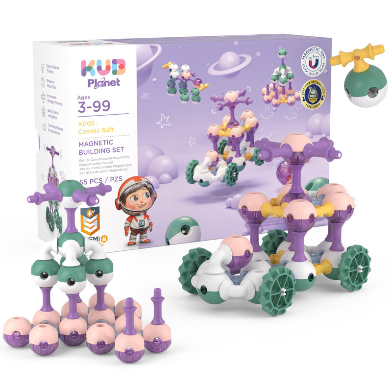 KUB Planète: ensemble de construction magnétique - Cosmic Soft - blocs de construction de couleur espace 55pc, clic-construire-jouer, jouet empilable éducatif de tige, enfants 3+