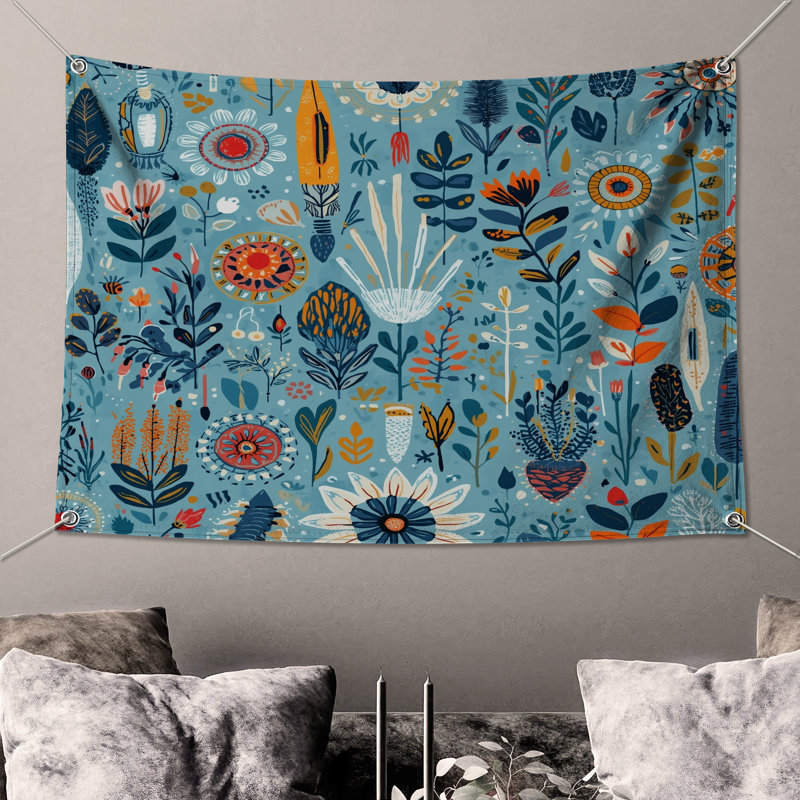 Tapisserie murale florale abstraite bleue - Décoration murale florale, 50in H x60in W with 4 Grommets