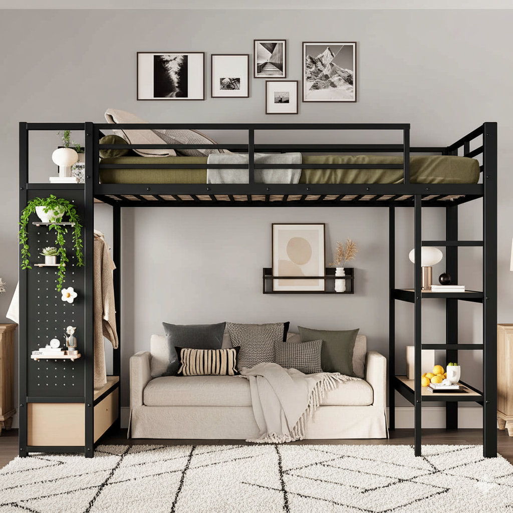 Brayden Studio Metal Loft Bed With Storage Shelves Loft Bed Frame With ...