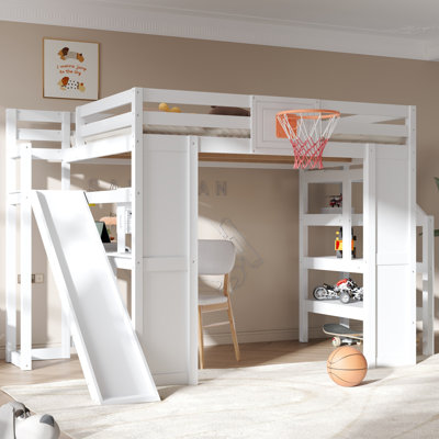 Full Size Wooden Loft Bed with Built-in Desk, Slide, Basketball Hoop & Staircase with Storage, White