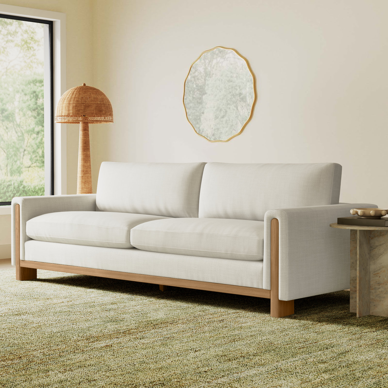 Adika 99" Upholstered Sofa, Effie Linen Performance Basketweave