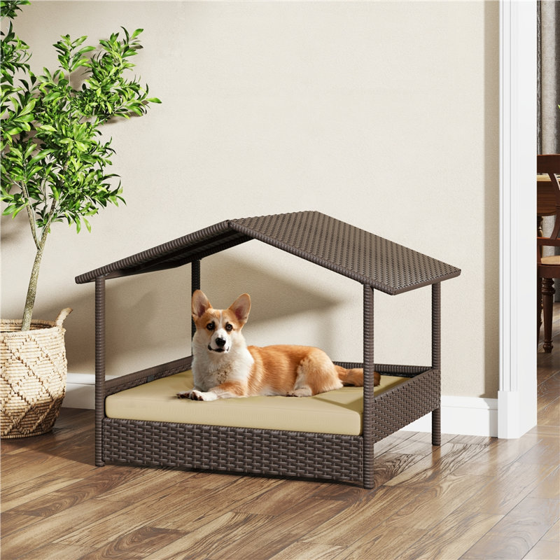 Niche pour chien d'extérieur en rotin avec auvent et coussin en mousse, Brun / kaki