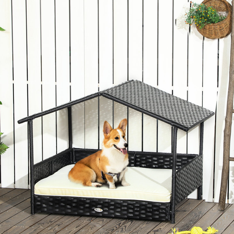 Niche pour chien avec auvent - Lit blanc crème pour chiens de petite et moyenne taille - Coussin