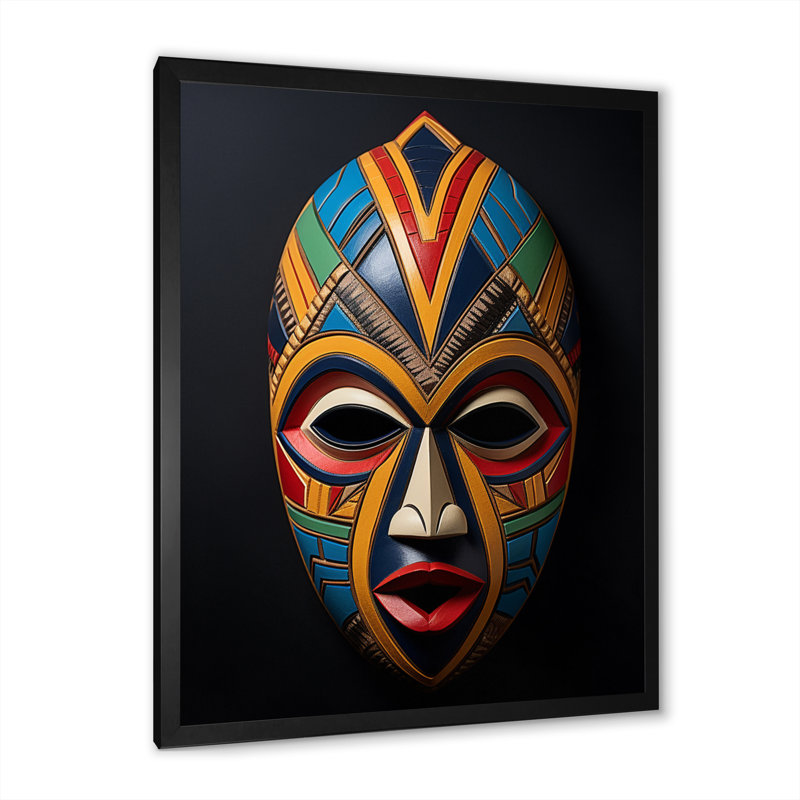Jeilene, tribal africain, masque Akan I - art mural tribal africain, H 44 po x l 34 po x P 1,5 po, Cadre simple noir