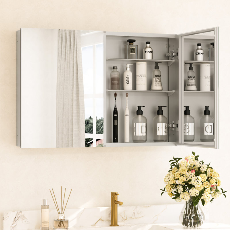 Armoire à pharmacie encastrée ou à fixation en surface sans cadre avec porte à miroir double face et tablettes réglables