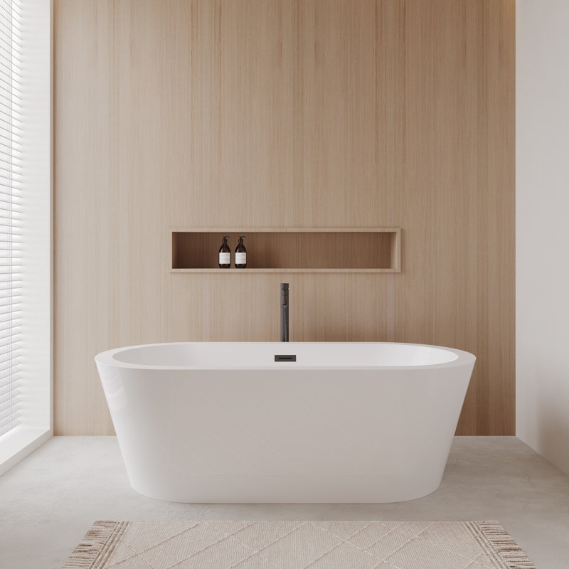 Mermaid 71'' x 33.5'' Freestanding Soaking Acrylic Bathtub with Faucet, White/Matte Black