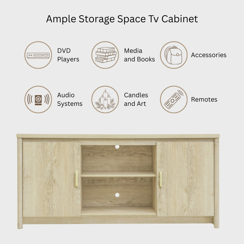 Meuble télé Georgia pour téléviseur 65 pouces, meuble audio-vidéo moderne avec armoires de rangement et tablettes ouvertes, console média en bois pour le salon, la chambre à coucher et les petits espaces