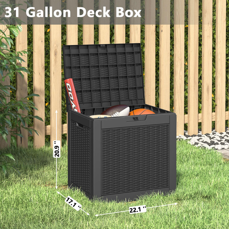 31 Gallon Resin Deck Box Waterproof UV Resistant Outdoor Storage Box, Black