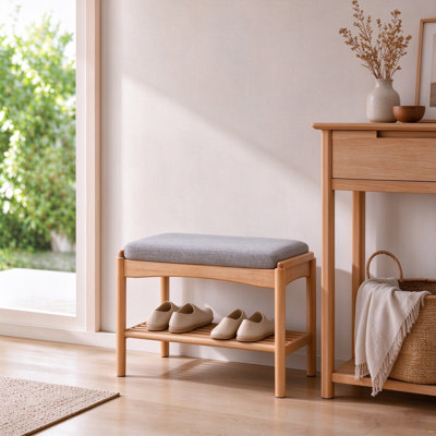 Natural Solid Wood Shoe Bench, Mid-Century Modern Storage Bench with High Rebound Sponge Cushion