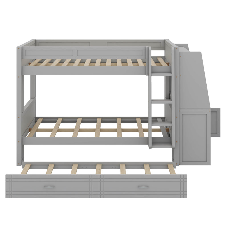 Space-Saving Full Size Bunk Bed - Multifunctional Design With Desk, Bookshelves & Trundle, Gray
