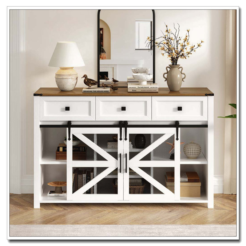 Sliding Barn Door Sideboard With 3 Drawers, Particle Board & Metal Mesh Storage Cabinet With Aluminum Handles & Metal Accents For Living Room, Dining Room