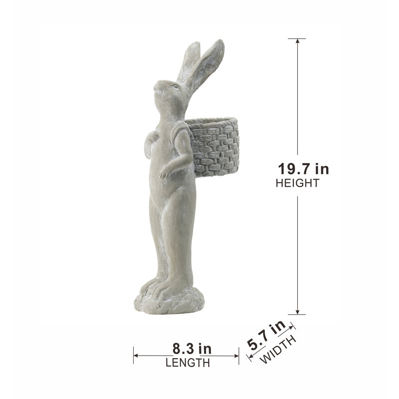 8.5x5.5x19.5" Tall Gray Cement Rabbit Basket Planter