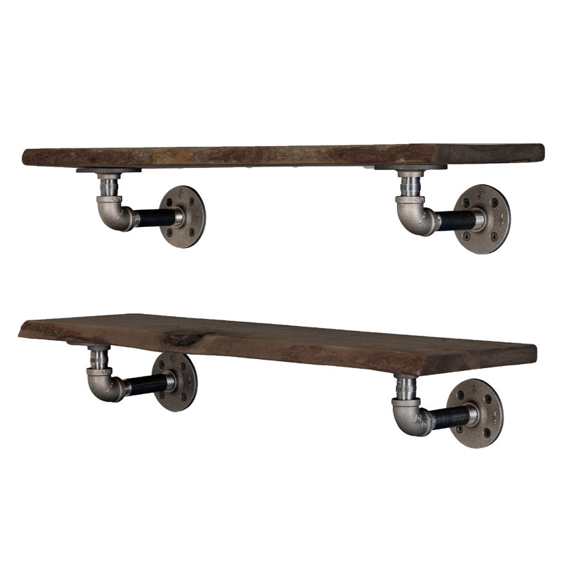 Tablette en bois Live Edge avec supports de tuyaux industriels en forme de L, H 4,5 po x l 24 po x P 7,5 po, Brun sentier