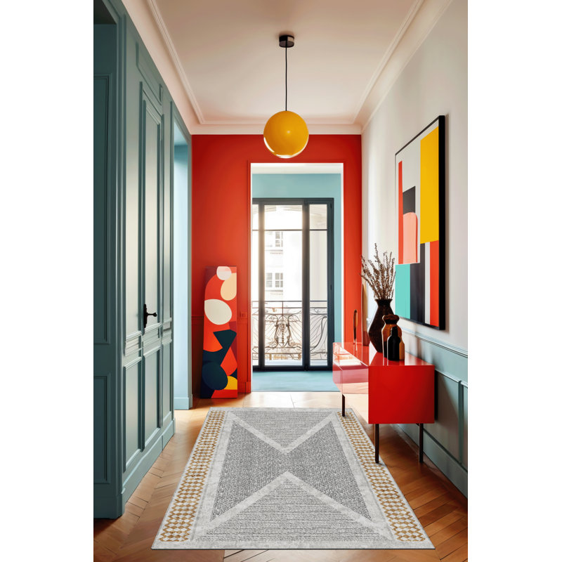 Tapis décoratif à motif géométrique en H gris-beige, Tapis de couloir 3 pi 3,37 po x 9 pi 10,11 po