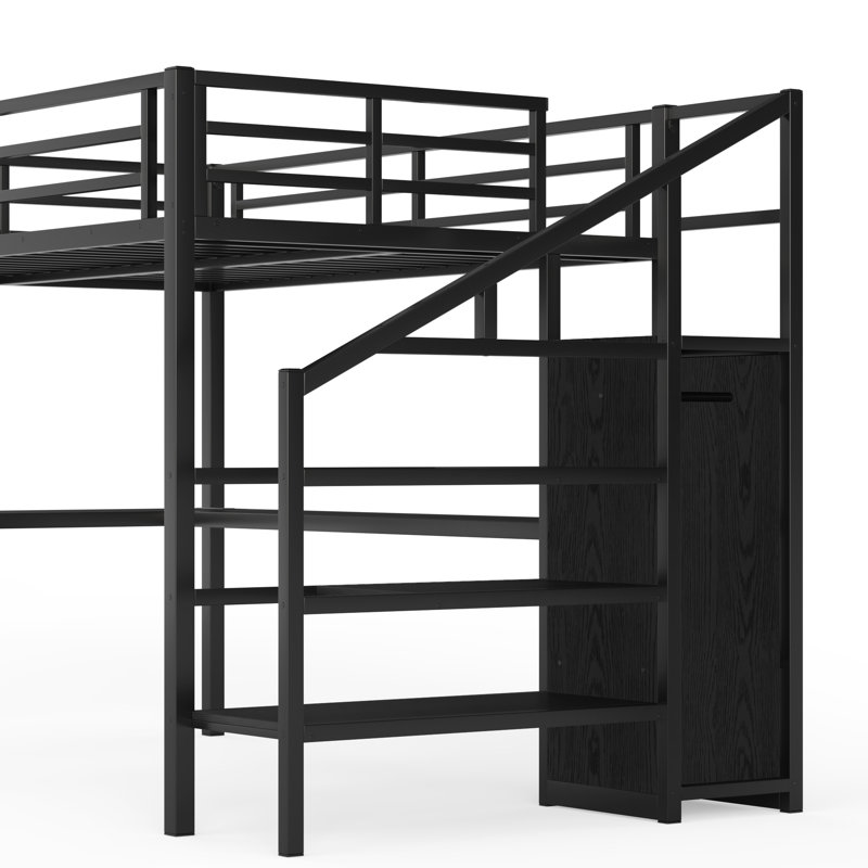 Full XL Metal Loft Bed with L-Shaped Desk, Wardrobe, Storage Stairs, USB Charging & LED Light, Black