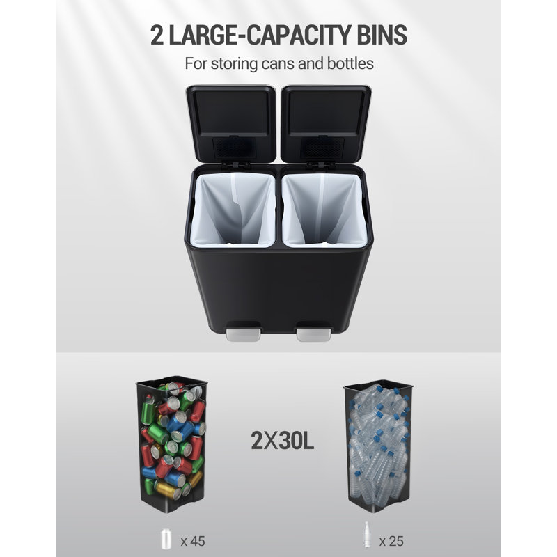 Kitchen Bin, Recycling Bins, Pedal Bin with Lid, Stainless Steel Kitchen Bins Recycling and Waste, Silent Slow-Down Closing Lid, With 15 Exclusive Trash Bags