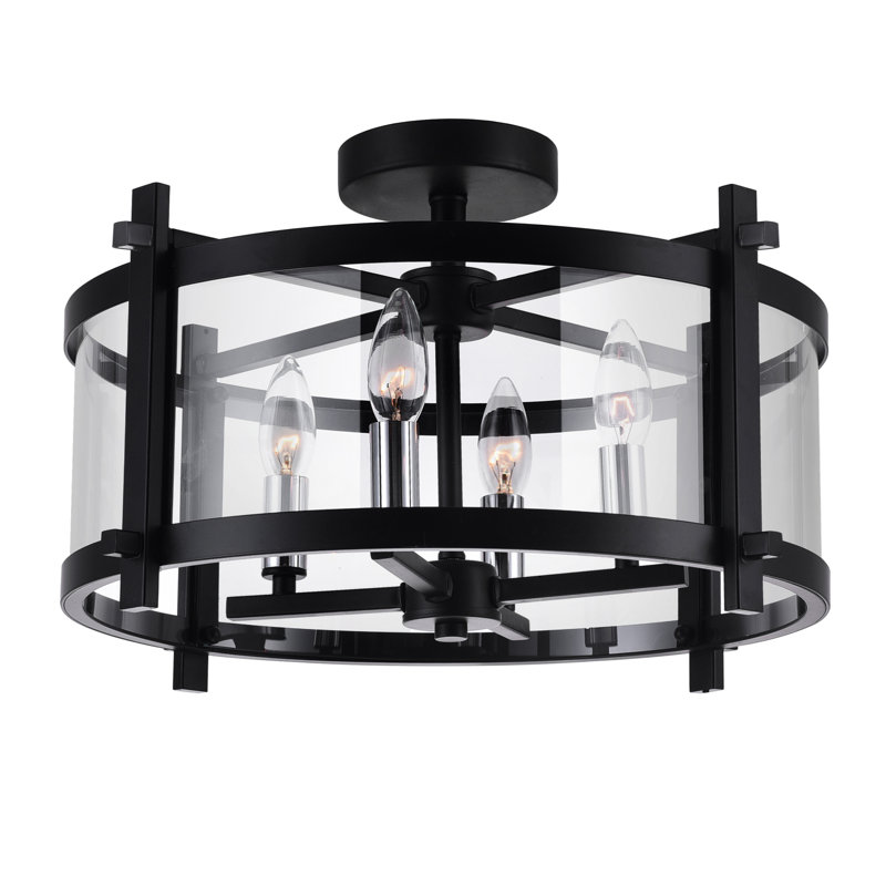 Plafonnier encastré 4 lumières noir - Cage ronde 18 "avec verre transparent, base candélabre, éclairage moderne et rustique pour chambre à coucher, cuisine, entrée