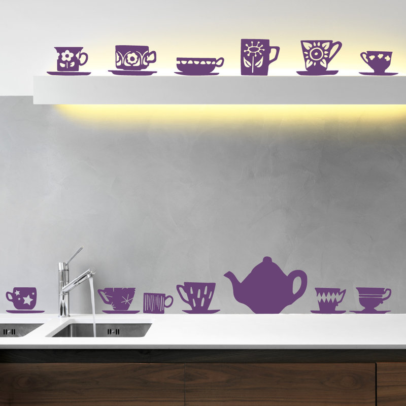 Décalcomanie murale tasses de thé, H 23 po x l 24 po x P 0,01 po, Violet