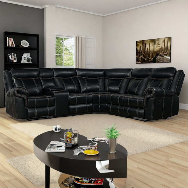 Ensemble de canapé modulaire inclinable manuel avec port de charge USB pour le salon Jessah, Polyester noir
