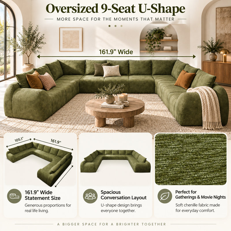 Upholstered 161.9 " Chenille U-Shaped Seating Component, Dark Green