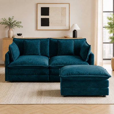 Dover 71" 2-Seat L-Shaped Modular Chenille Sofa with Movable Ottoman, Deep Seats and 4 Accent Pillows