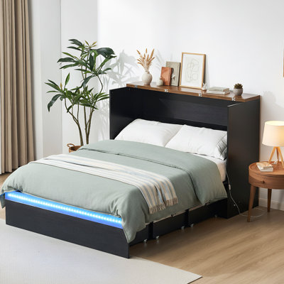 Grand lit escamotable avec tiroir de rangement, éclairage DEL intelligent et station de charge intégrée, armoire-lit peu encombrante pour enfants, adultes, noir