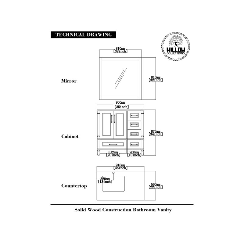 Aberdeen 36'' White Freestanding Bathroom Vanity with Calacatta Quartz Top