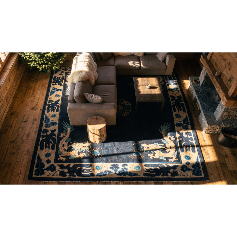 Tapis de couloir bleu antique en laine Ningxia