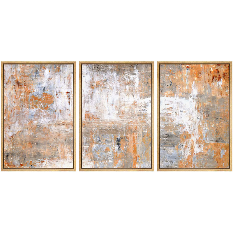 «Triptych Abstract Orange Grunge Brushstrokes», 3 pièces, reproduction d'art sur toile, salon, H 36 po x l 24 po