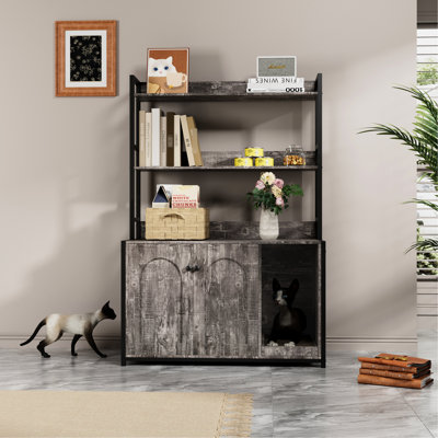 Armoire d'intérieur pour chat avec teinte grise, étagère de rangement, portes doubles et bloc-notes, un bac à litière caché