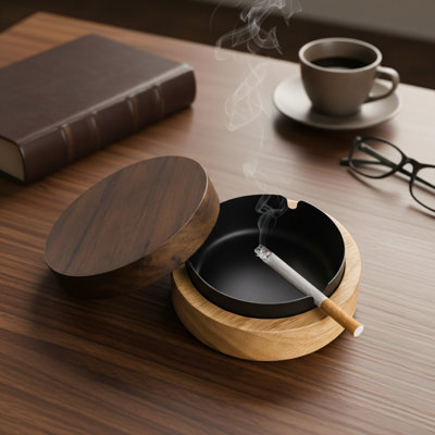 Joli cendrier en bois et acier inoxydable avec couvercle. Coupe-vent et portable. Convient pour la maison, le bureau, les fêtes en plein air et autres occasions. Brun.